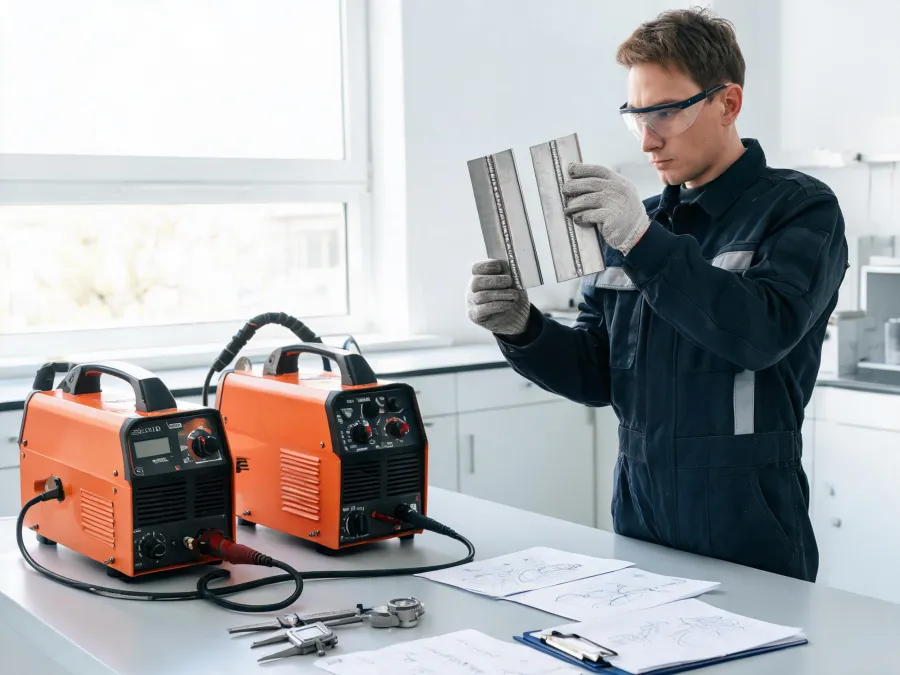 Welding application engineer comparing joint samples